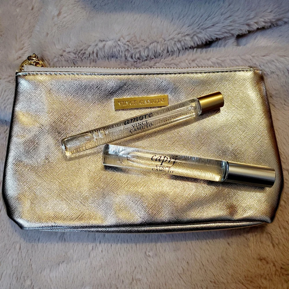 Vince Camuto Gold Cosmetic Bag Clutch CAPRI Rollerball AMORE Travel Purse Spray